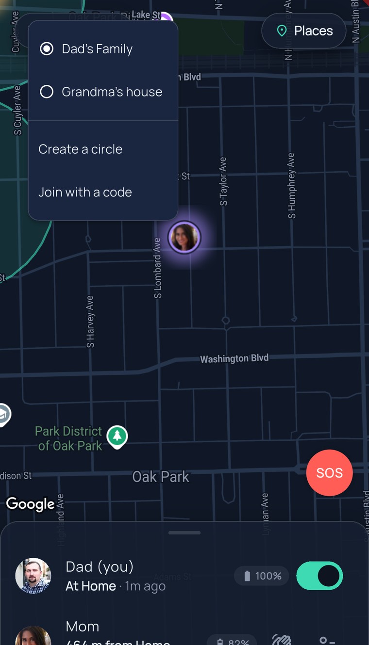 The circle menu open on the map — Dad’s Family, Grandma’s house, Create a circle, Join with a code