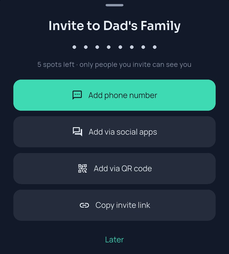 The FamilySeen invite sheet — Invite to Dad’s Family, 5 spots left, only people you invite can see you, with Add phone number, social apps, QR code and copy options