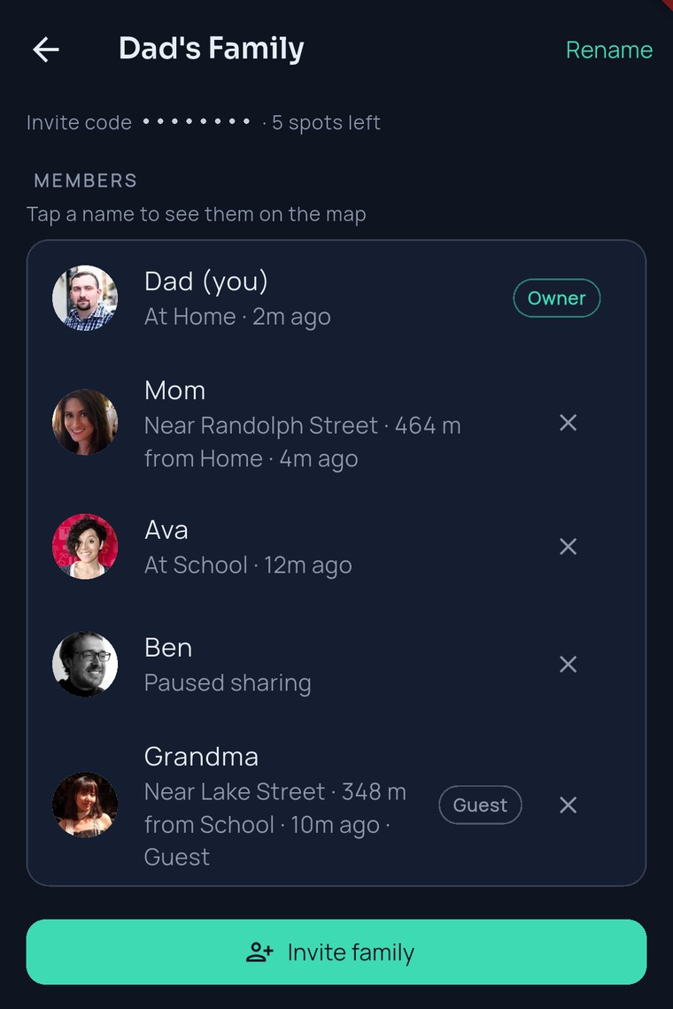 The FamilySeen circle screen — Dad’s Family with members, the Invite family button, and owner-only controls like Create a new code