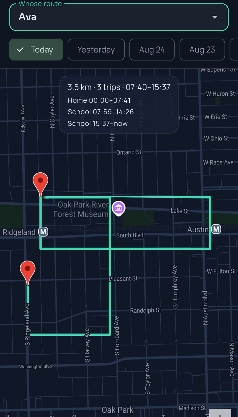 FamilySeen day summary — the “Whose route” picker, the day chips and the one-line summary of distance, trips and first–last update, with the route below