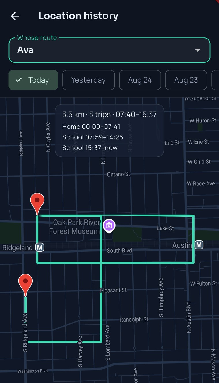 Ava’s route for the day on the FamilySeen history screen