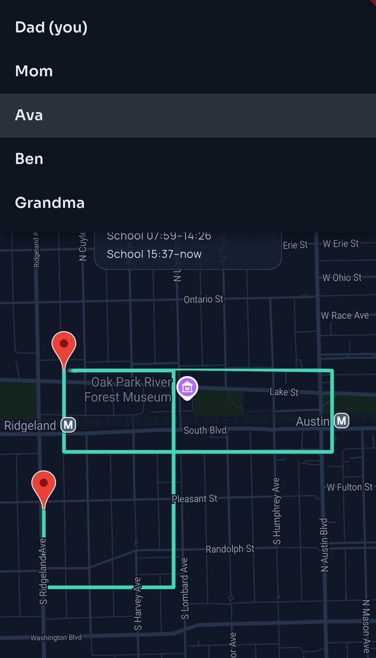 FamilySeen location history with the “Whose route” menu open — Dad (you), Mom, Ava, Ben and Grandma, with Ava’s route on the map behind