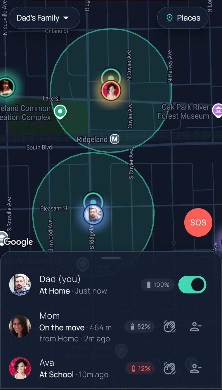 FamilySeen map after tapping Ava’s name — the map flies to her photo inside the School circle on Lake Street