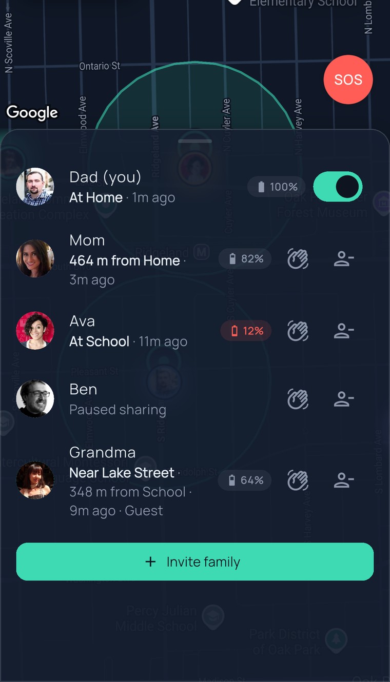 The FamilySeen family list — Dad at Home, Mom 464 m from Home, Ava at School with 12% battery, Ben “Paused sharing”, Grandma near Lake Street, and the Invite family button