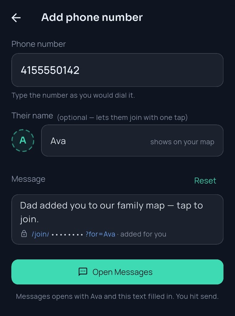FamilySeen — Add phone number: 415 555 0142, name Ava, the invite text ready to send from Messages