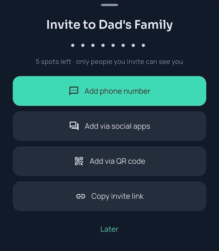 FamilySeen invite sheet — Add phone number, Add via social apps, Add via QR code, Copy invite link
