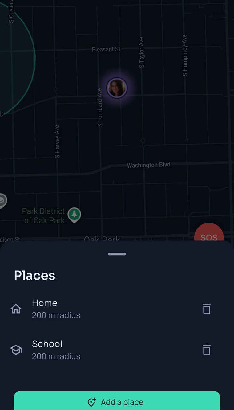 The FamilySeen map of Oak Park with the Places sheet open — Home and School saved, 200 m radius each, and the Add a place button