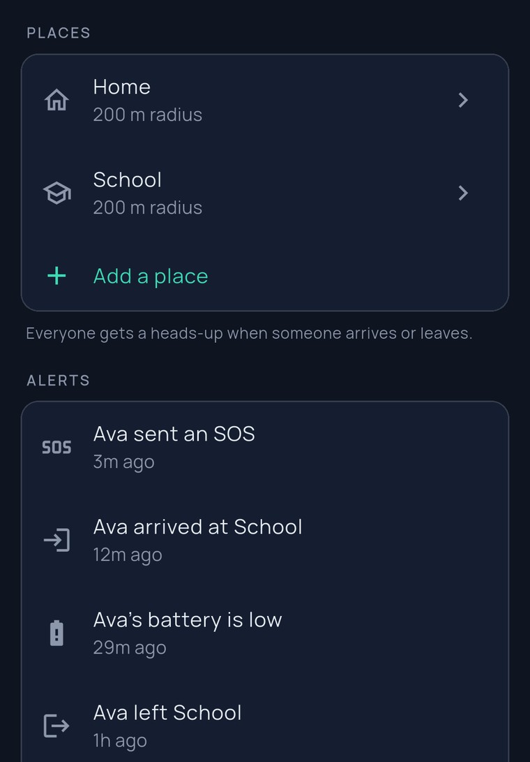 Places saved in FamilySeen — Home and School, 200 m radius each
