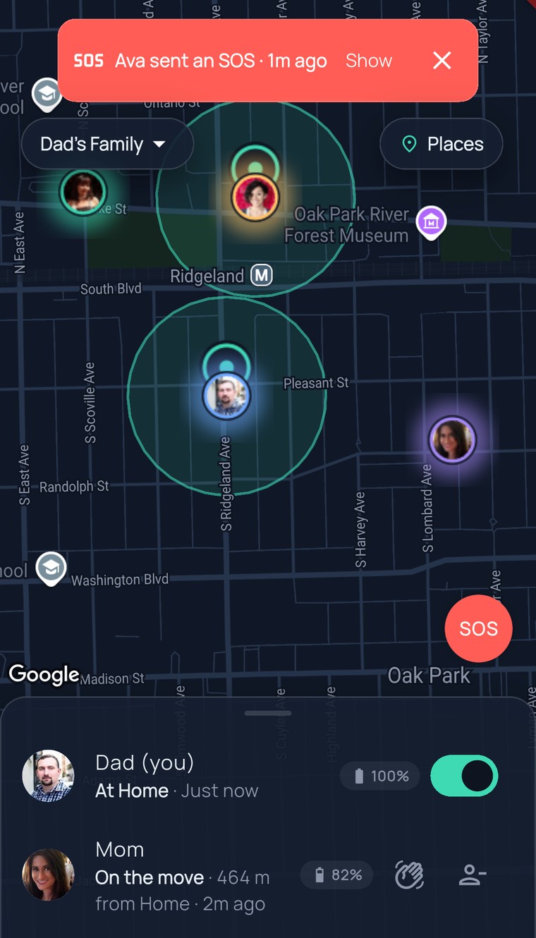 The FamilySeen map with the red “Ava sent an SOS” banner and the SOS button