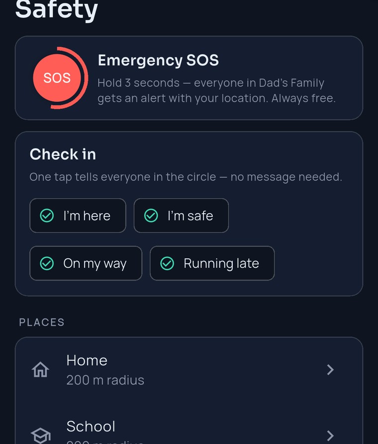 The FamilySeen Safety tab — the Emergency SOS card (“Hold 3 seconds — everyone in Dad’s Family gets an alert with your location. Always free.”) above the one-tap check-ins