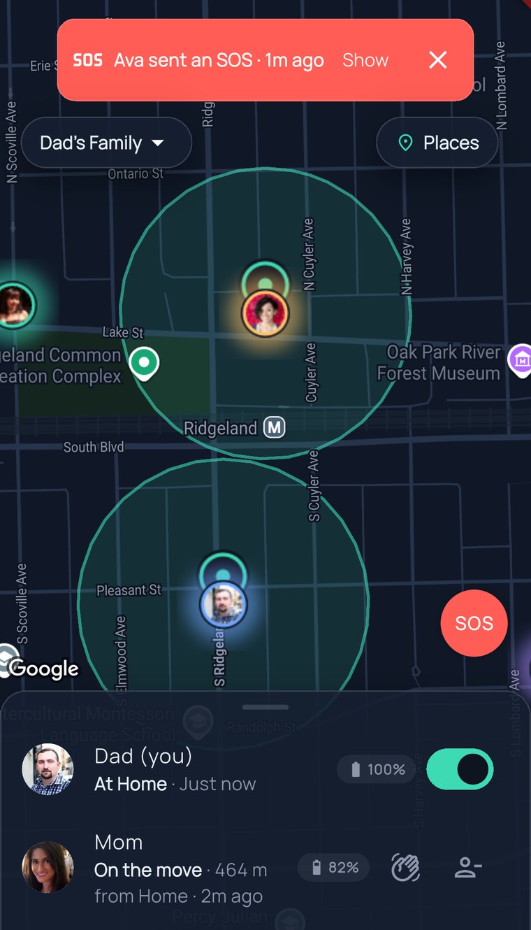 The FamilySeen map after tapping Show — the red SOS banner stays on top and the camera flies to Ava’s photo at School